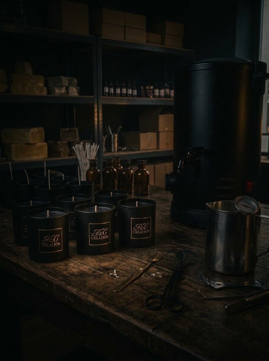 L’atelier T&C Création : bougies noires et or alignées sur un établi en bois, à côté du fondoir et des outils