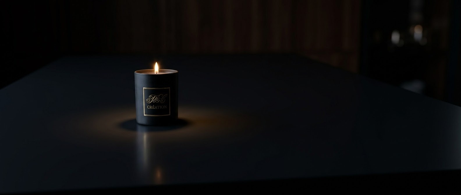 Une bougie T&C Création allumée, seule sur une table sombre