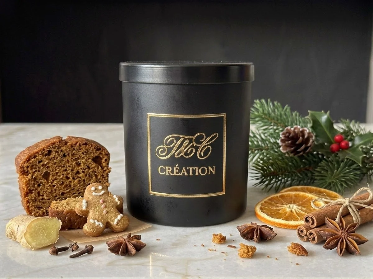Bougie L’Or des Fêtes T&C Création sur marbre blanc, avec pain d’épice, bonhomme en pain d’épice, épices et branche de sapin