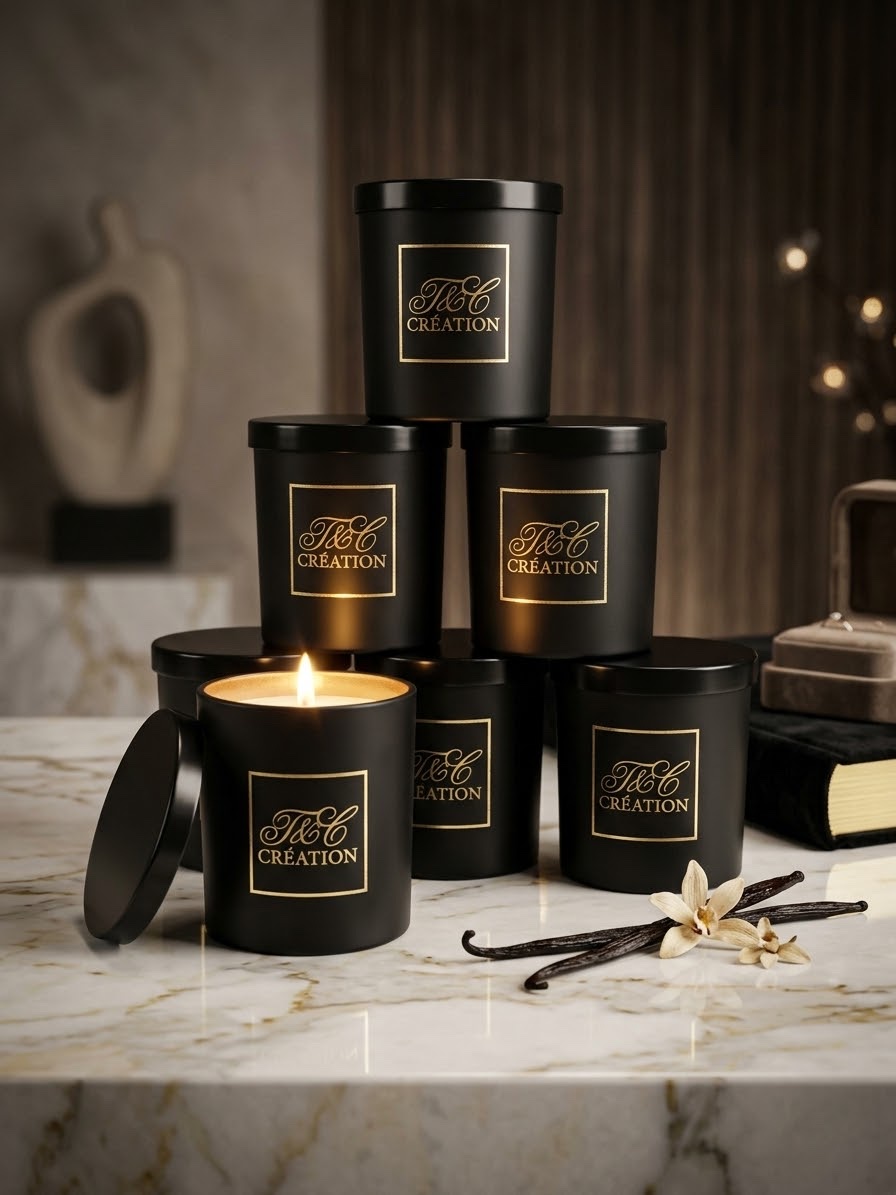 Bougies T&C Création empilées sur un plan de marbre : pots noirs mats, étiquettes dorées, une bougie allumée à l’intérieur doré, gousses de vanille