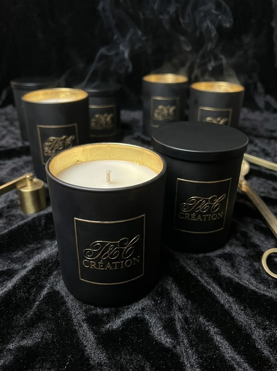 Bougies T&C Création noires aux intérieurs dorés sur un velours noir, entre deux volutes de fumée