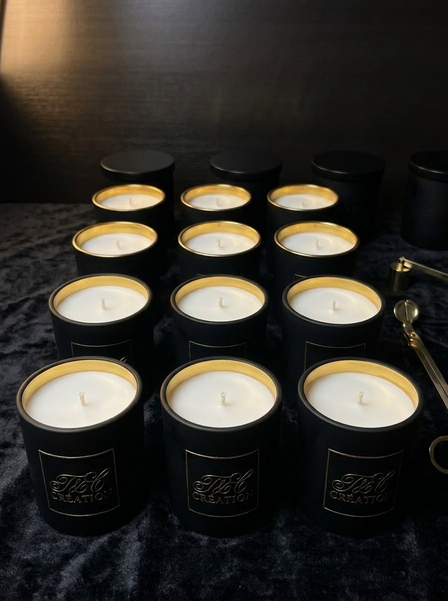 Une série de bougies T&C Création fraîchement coulées, alignées à l’atelier